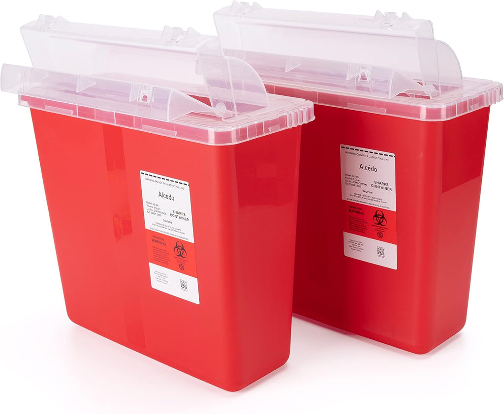 Alcedo Sharps Container for Home and Professional Use 5 Quart (2 Pack), Biohazard Needle and Syringe Disposal, Mailbox Style Lid, Medical Grade