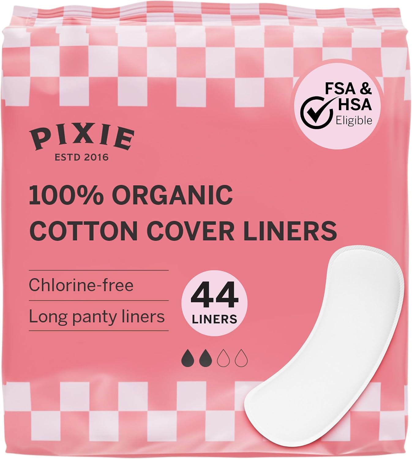 Pixie Organic Cotton Panty Liners for Women - Long Wrapped Pantiliners - Light Absorbency & Ultra-Thin - Leak-Proof, Hypoallergenic & Unscented for Feminine Care - Compostable - 44 Count