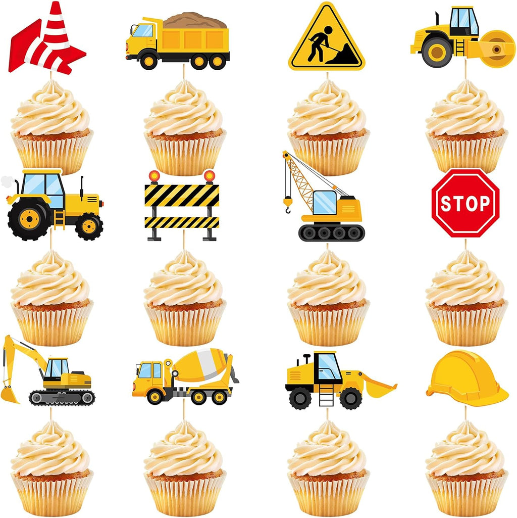 48 Pack Construction Cupcake Toppers Stop Sign Dump Truck Excavator Tractor Cupcake Picks for Kids Construction Vehicles Theme Party Baby Shower Birthday Party Decoration Supplies