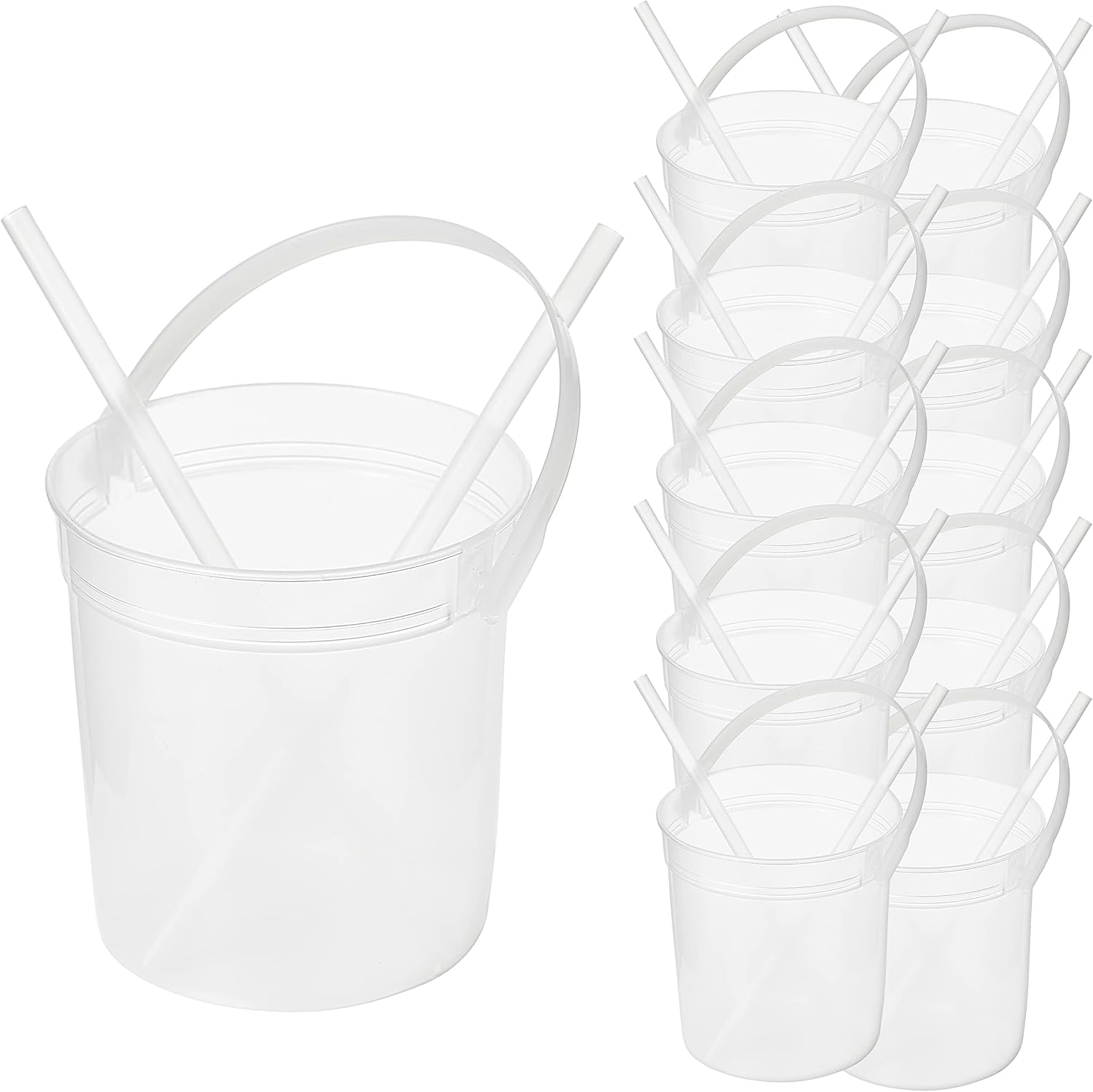 Plastic Rum Buckets for Drinks （10PACK ） Drink Buckets for Parties Reusable Punch Bowls with Straw（32oz） (Transparent)