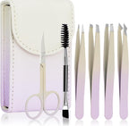 6 PCS Tweezers Set for Women, Eyebrow Tweezers Set with Curved Scissor for Ingrown Hair, Plucking Daily Beauty Tool with Leather Travel Case for Gifts (Gradient Purple)