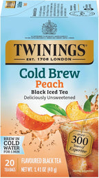 Twinings Peach Cold Brew Iced Tea Bags, 20 Count (Pack of 1), Unsweetened Flavoured Black Tea, Caffeinated, 20 Teabags