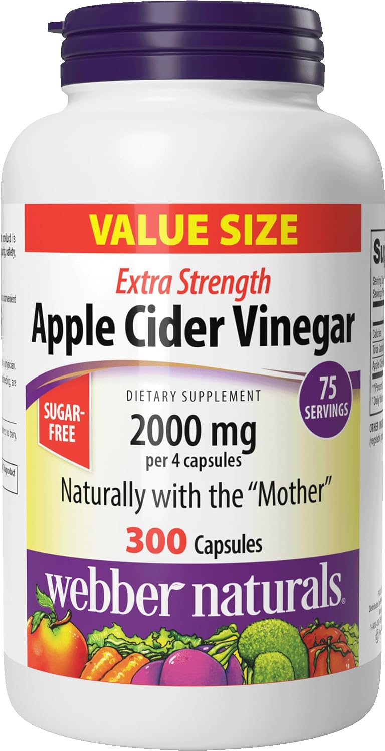 Webber Naturals Apple Cider Vinegar Capsules 2000 mg with The Mother, High Potency, 300 Capsules = 75 Servings, 2000 mg per Serving, Natural Digestion Support, Non-GMO, Gluten, Dairy & Sugar Free