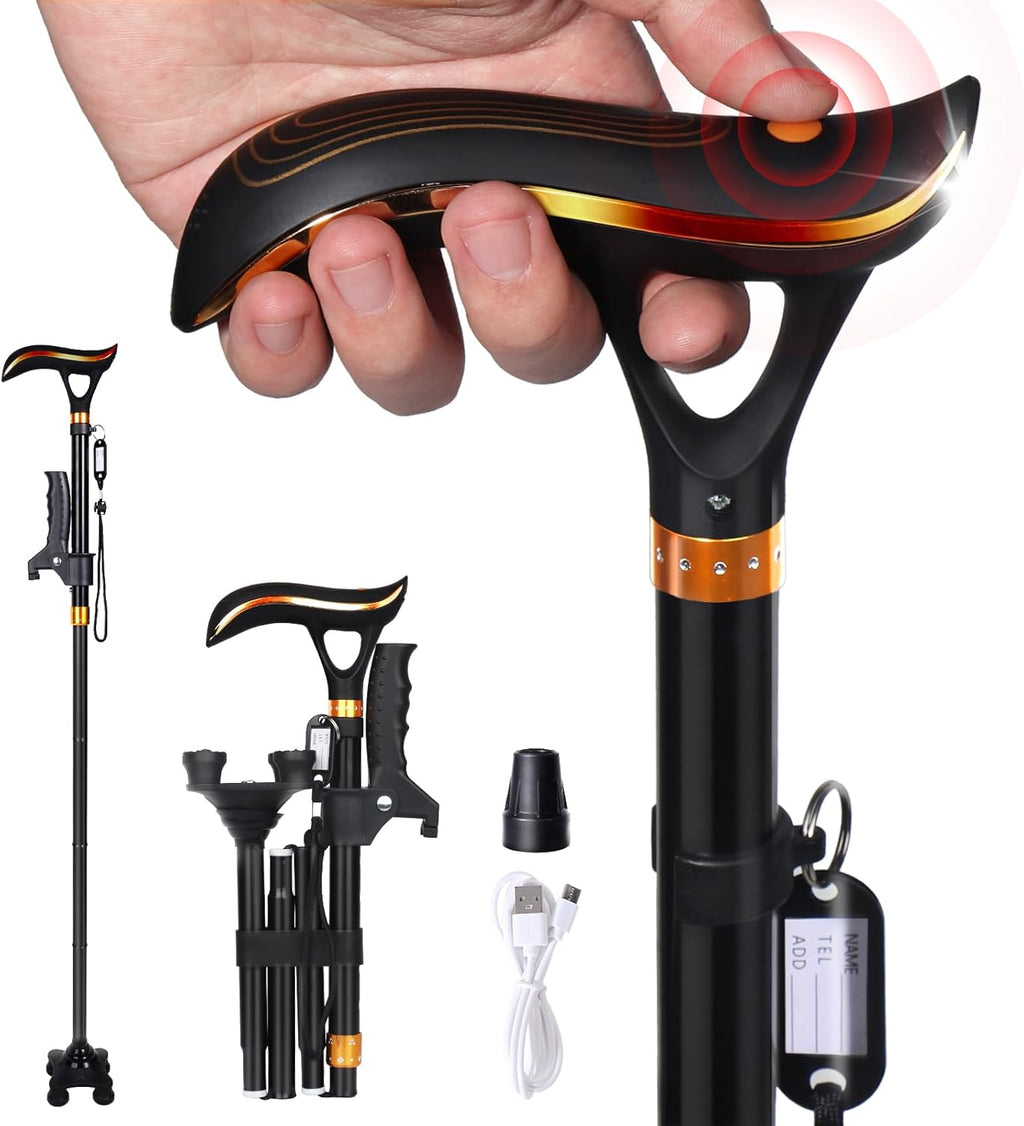 Smart Alarm Walking Cane for Men & Women, Foldable with LED Light, Ergonomic Handle and Shock-absorbingbase Stable and Easy to Store