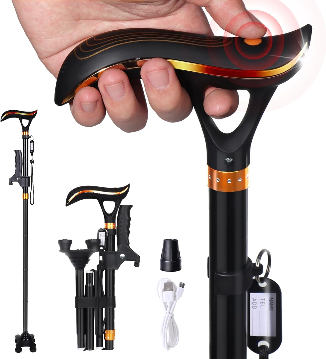 Smart Alarm Walking Cane for Men & Women, Foldable with LED Light, Ergonomic Handle and Shock-absorbingbase Stable and Easy to Store