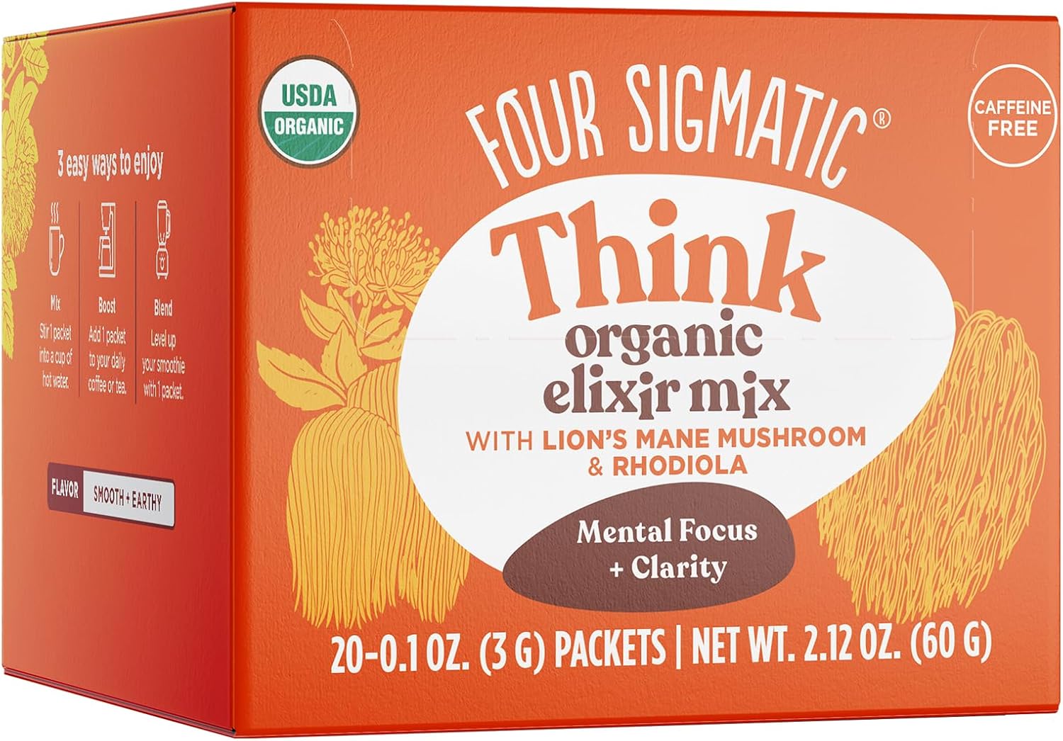 Four Sigmatic Lion's Mane Focus Elixir Mushroom Coffee Alternative | Organic Lion's Mane Mushroom Powder, Rhodiola & Rose Hips | Immune & Memory Support | Paleo | Pack of 20
