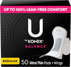 U by Kotex Balance Ultra Thin Pads with Wings, Regular Absorbency, 50 Count (Packaging May Vary)