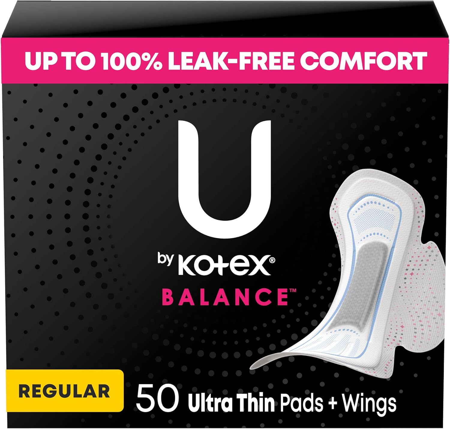 U by Kotex Balance Ultra Thin Pads with Wings, Regular Absorbency, 50 Count (Packaging May Vary)