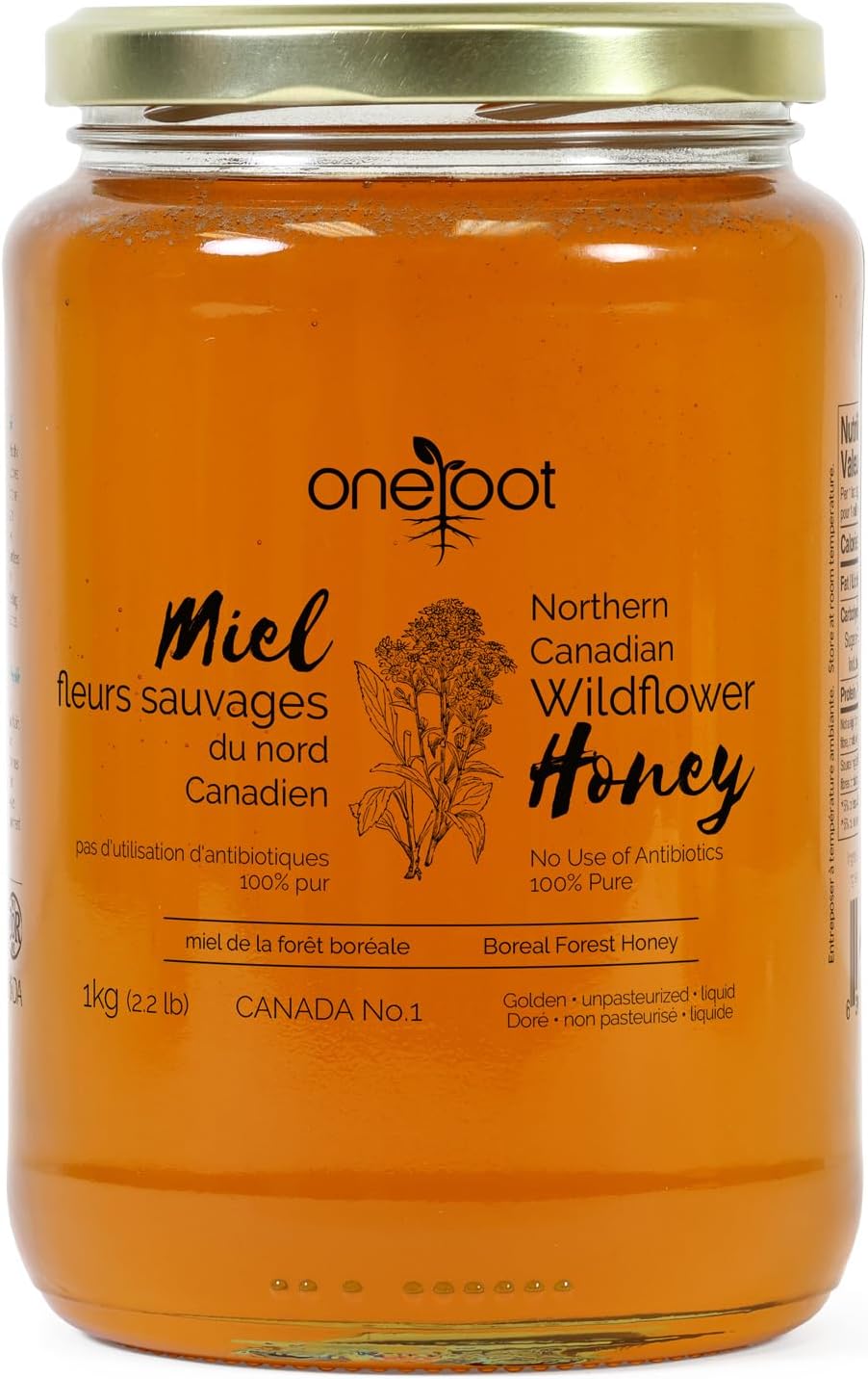 OneRoot Natural Wildflower Honey - 2.2 lbs / 1kg, Pure Canadian Boreal Forest Honey - Unpasteurized, Minimally Filtered & Single-Source - Rich in Enzymes & Antioxidants