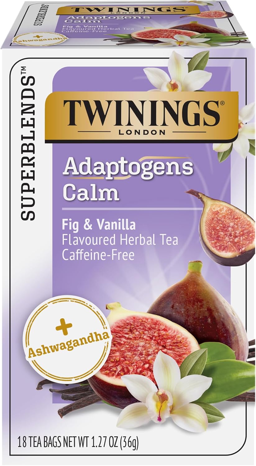 Twinings Superblends Adaptogens Calm with Ashwagandha Fig & Vanilla Flavoured Herbal Tea Caffeine-Free, 18 Tea Bags (Pack of 1), Enjoy Hot or Iced