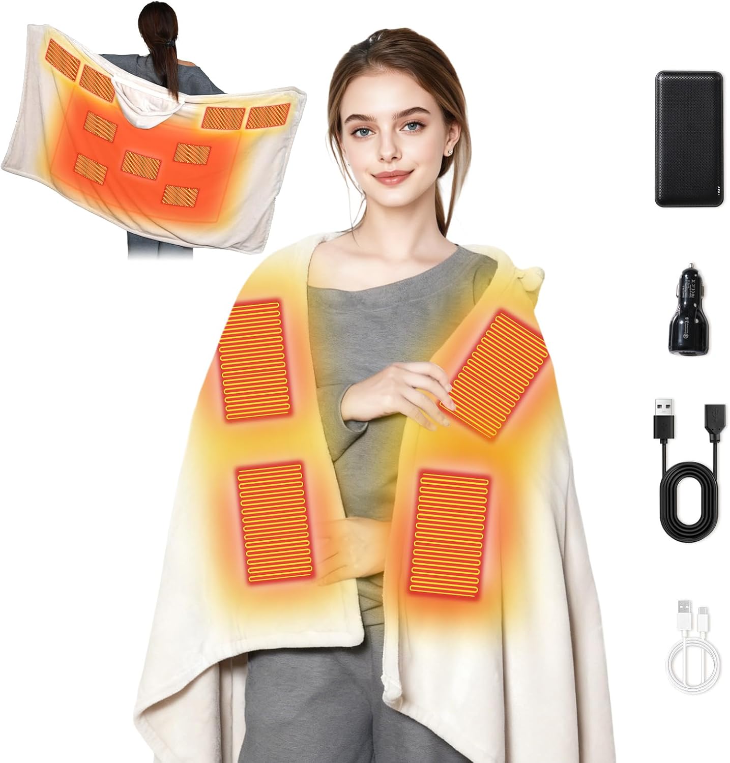 Cordless Heated Blanket with Hood, USB Battery Powered Heated Wearable Blanket with 9 Heating Zones, 20000 mAh Power Bank, 3 Levels, Portable Heated Throw Blanket, Heated Shawl (Warm Decent Gray)