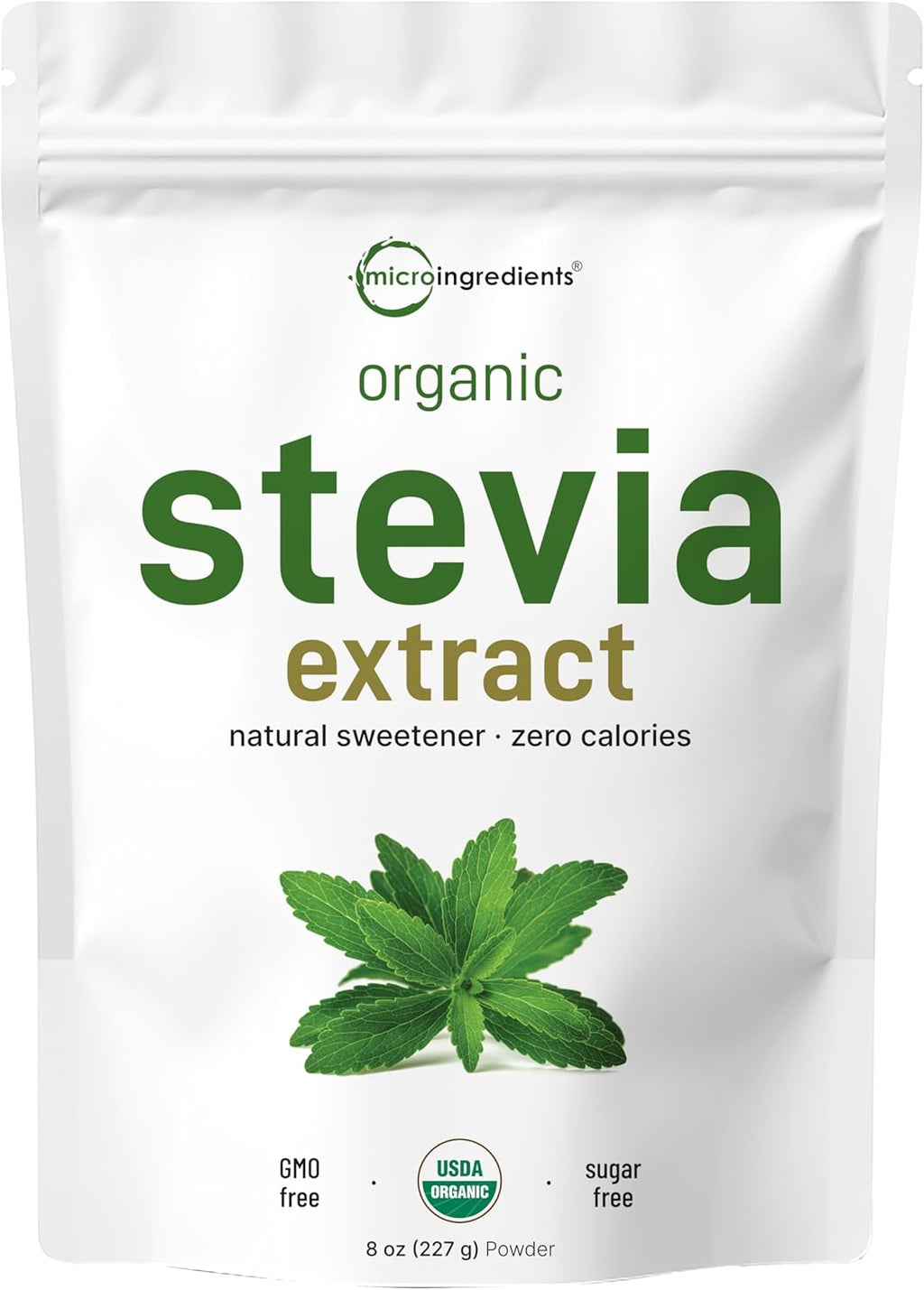 Micro Ingredients Pure Organic Stevia Powder, 8 Ounces, 1418 Serving, Highest Grade Stevia Green Leaf Extract Reb-A, Reduced Bitter Aftertaste, 0 Calorie, Natural Sweetener, Sugar Alternative, Keto Friendly