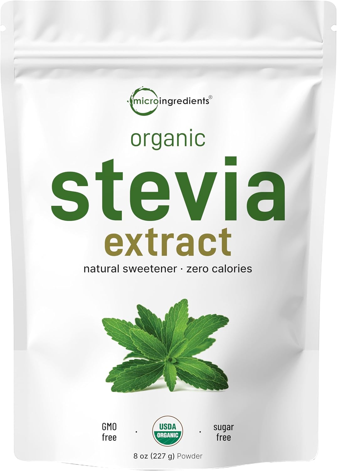 Micro Ingredients Pure Organic Stevia Powder, 8 Ounces, 1418 Serving, Highest Grade Stevia Green Leaf Extract Reb-A, Reduced Bitter Aftertaste, 0 Calorie, Natural Sweetener, Sugar Alternative, Keto Friendly