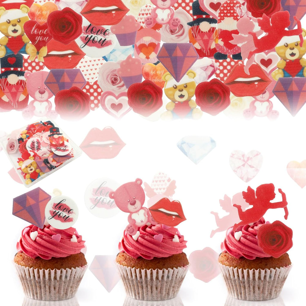72Pcs Edible Valentine's Day Cupcake Toppers with Lips, Bear, Rose, Diamond, Heart Designs for Valentine's Day Theme Party Supplies Cake Decorations