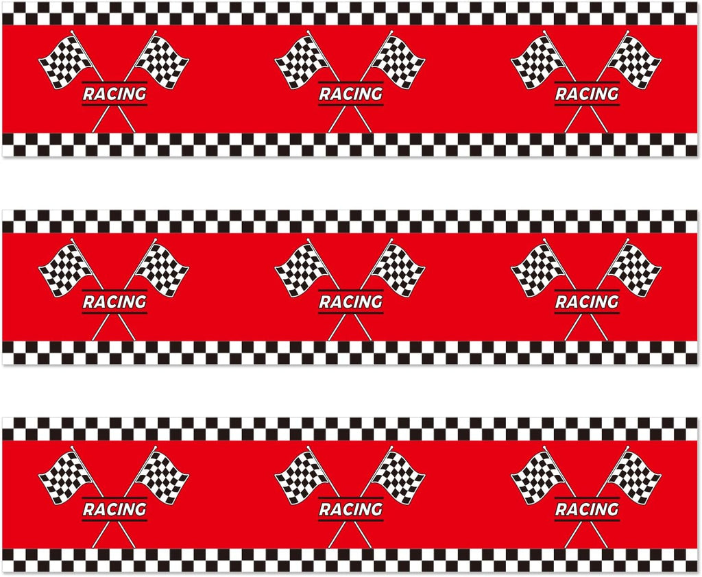 3pcs Racing Car Edible Cake Borders, Birthday Cake Borders Edible Decorations Wrap Strips Pre-Cut Cakes Toppers for Birthday Party (Red Racing Flag Style)