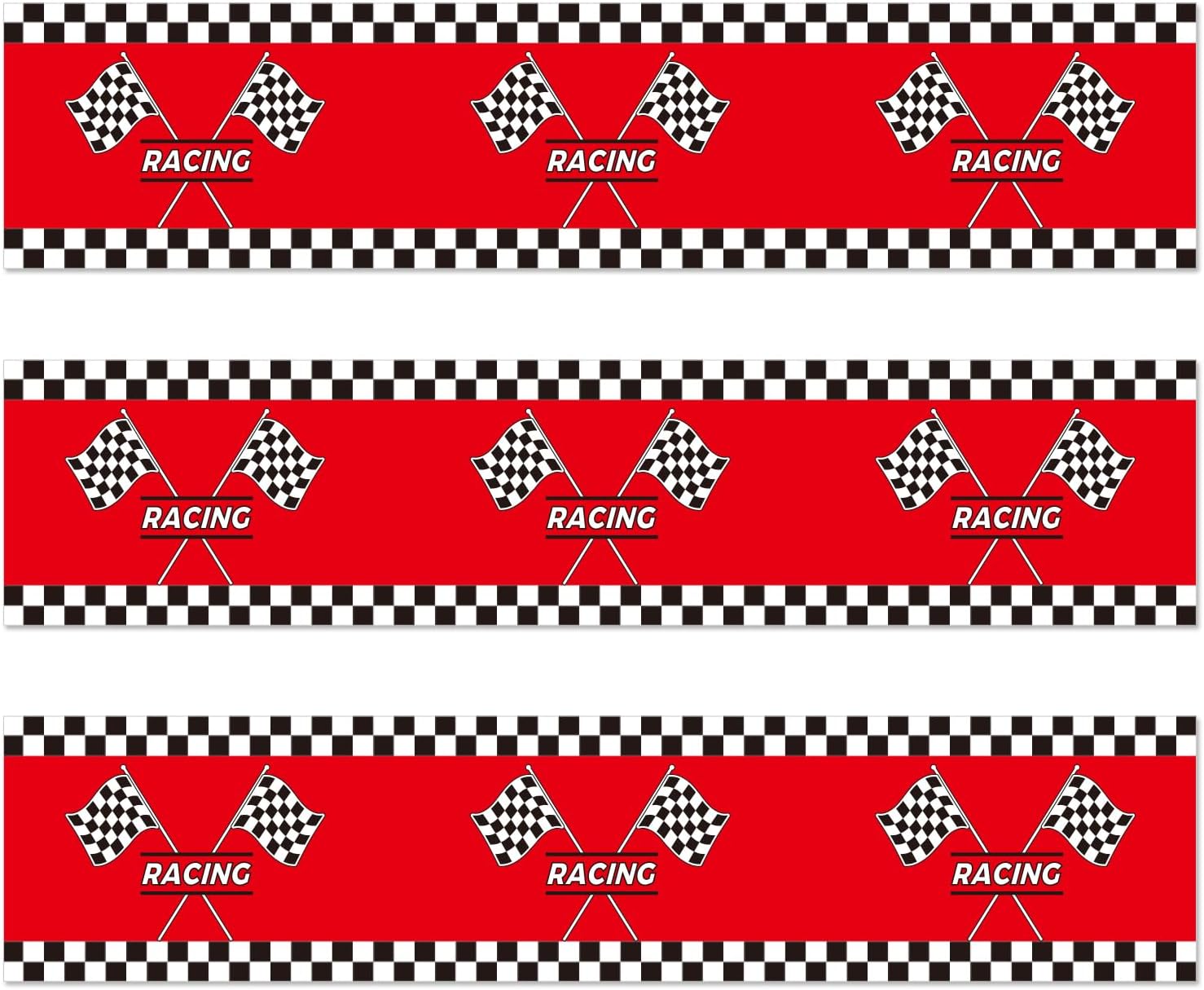 3pcs Racing Car Edible Cake Borders, Birthday Cake Borders Edible Decorations Wrap Strips Pre-Cut Cakes Toppers for Birthday Party (Red Racing Flag Style)