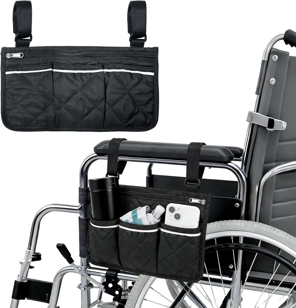 Wheelchair Side Bag, Armrest Pouch with Reflective Stripe, Detachable Rollator Bag Wheelchair Pouch Side Pocket Organizer Bags for Wheelchairs, Walkers or Rollators (Black)