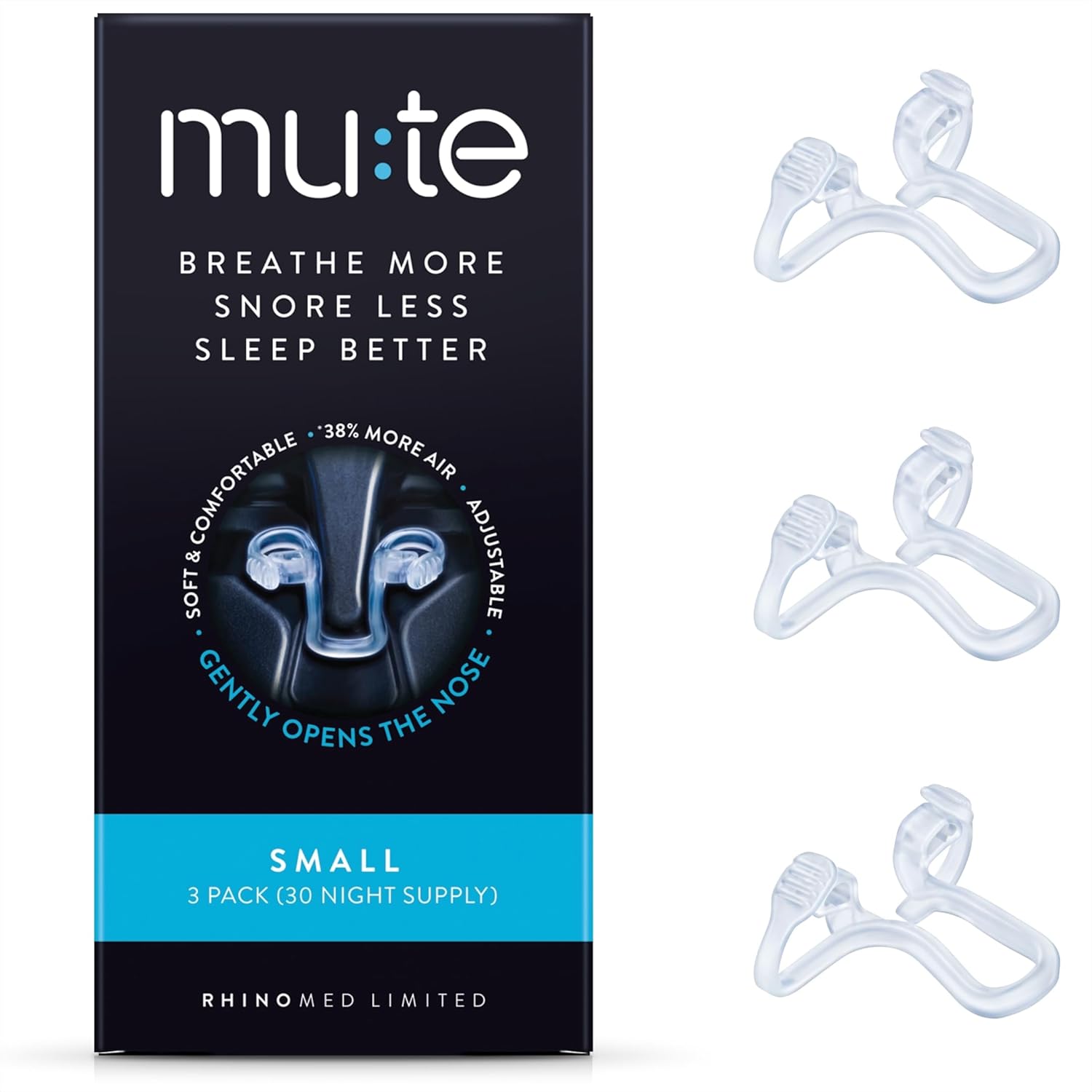 Mute by Rhinomed Nasal Dilator for Snore Reduction | Small 3pk | Increase Airflow | Anti Snoring Devices | Nasal Dilators for Sleeping | Internal Nasal Dilator | Snoring Solution | Transparent