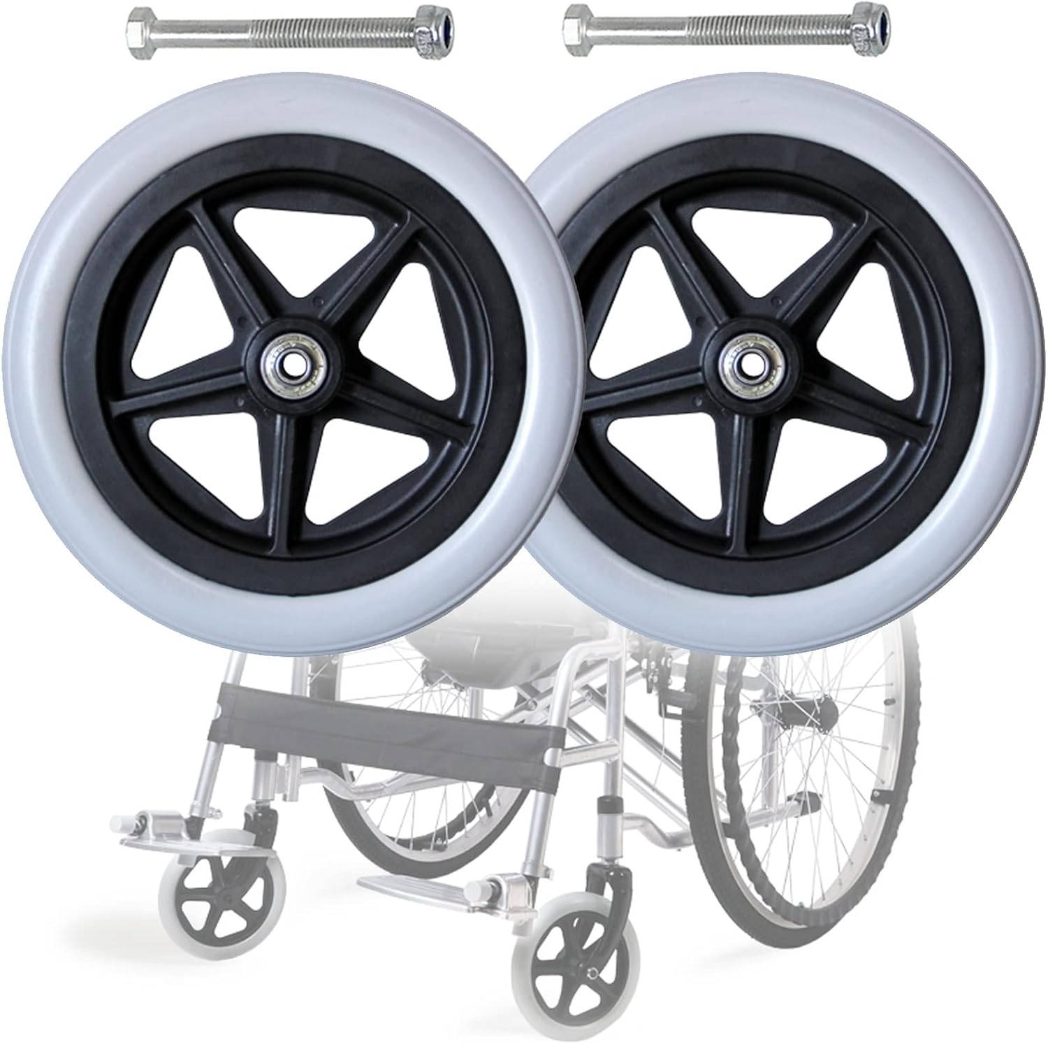 LIGUOYI Front Wheelchair Wheel, 2 Pcs Wheelchair Front Caster, 6 in 7 in 8 in Wheel 5/16 Inch Bearing, Silence,Anti-wear & Non-Slip, Solid Rubber Front Rear Caster, Replacement Wheels for Wheelchairs