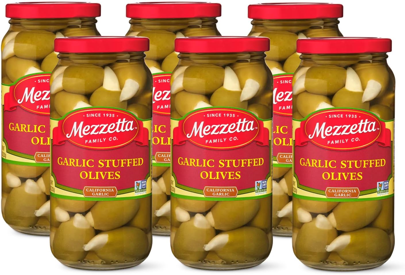 Mezzetta Garlic Stuffed Olives - Greek Green Olives with Fresh Garlic from California - Savory Flavor for Grilled Steak and Appetizers - 100% Natural Gourmet Snack Non-GMO - 10 Oz Jar - Pack of 6