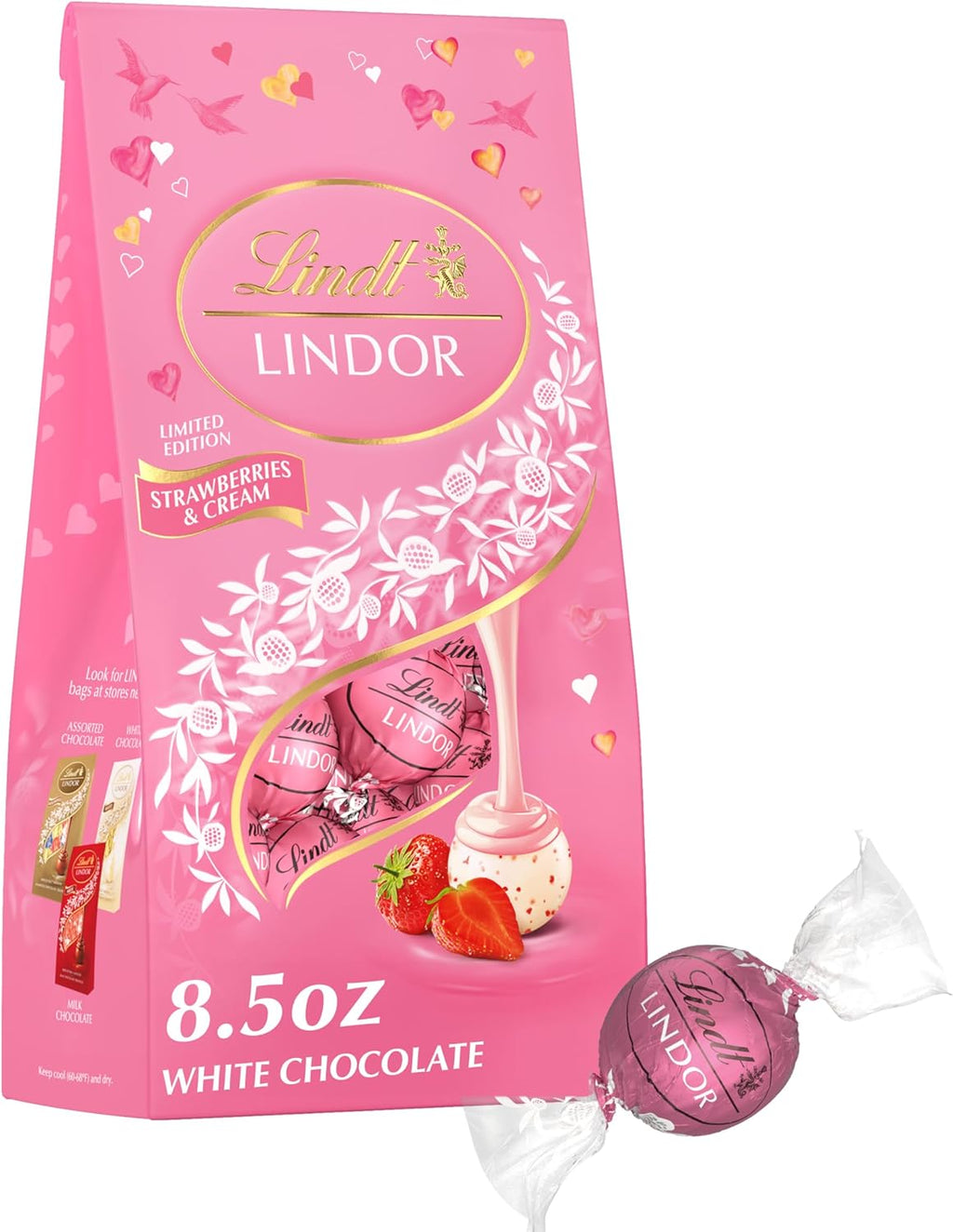 Lindt LINDOR Strawberries and Cream White Chocolate Candy Truffles, Valentine's Day White Chocolate with Strawberries and Cream White Truffle Filling, 8.5 oz. Bag