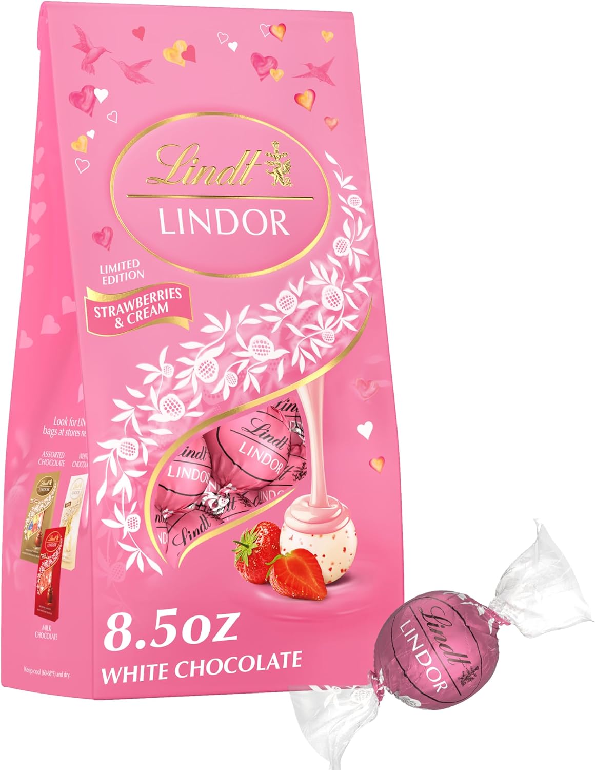 Lindt LINDOR Strawberries and Cream White Chocolate Candy Truffles, Valentine's Day White Chocolate with Strawberries and Cream White Truffle Filling, 8.5 oz. Bag