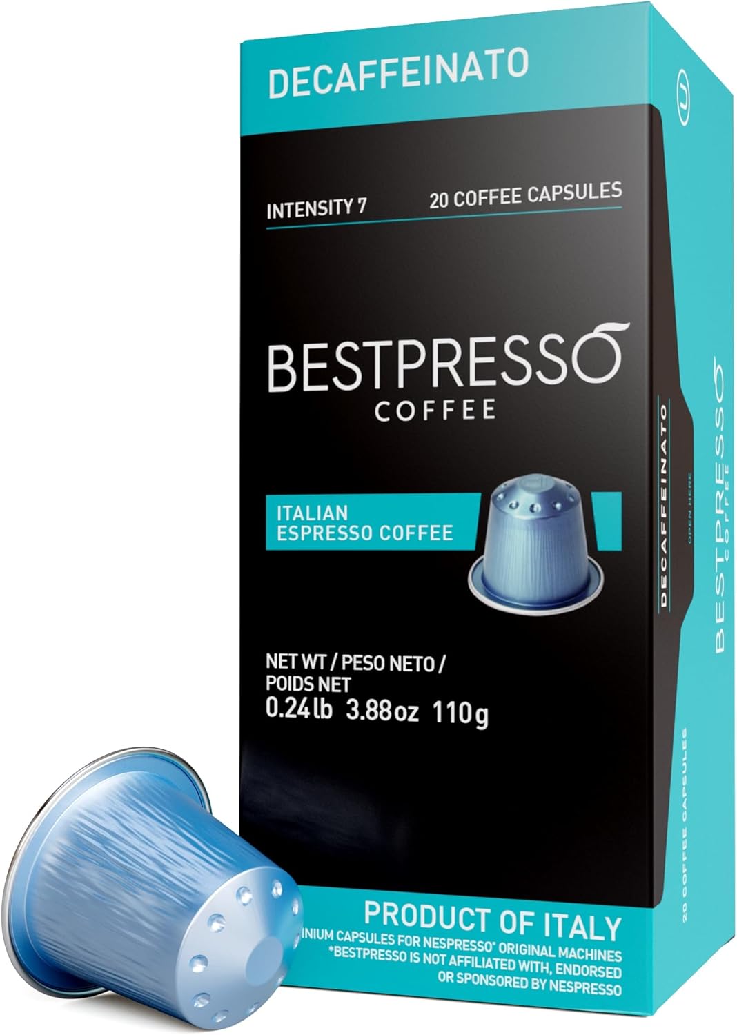Bestpresso Coffee for Nespresso Original Machine 120 Aluminum pods Certified Genuine Espresso Decaffeinato Blend(Medium Intensity) Pods Compatible with Nespresso Original