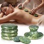 MTLEE 7 Pcs Hot Stones Massage Set Natural Green Jade Heated Warmer Stone, Round, Oval, Mushroom Shaped Hot Rocks, Body Gua Sha Massage Tool with Velvet Bag for Spa Relax, Relieve Tension, Muscle Pain