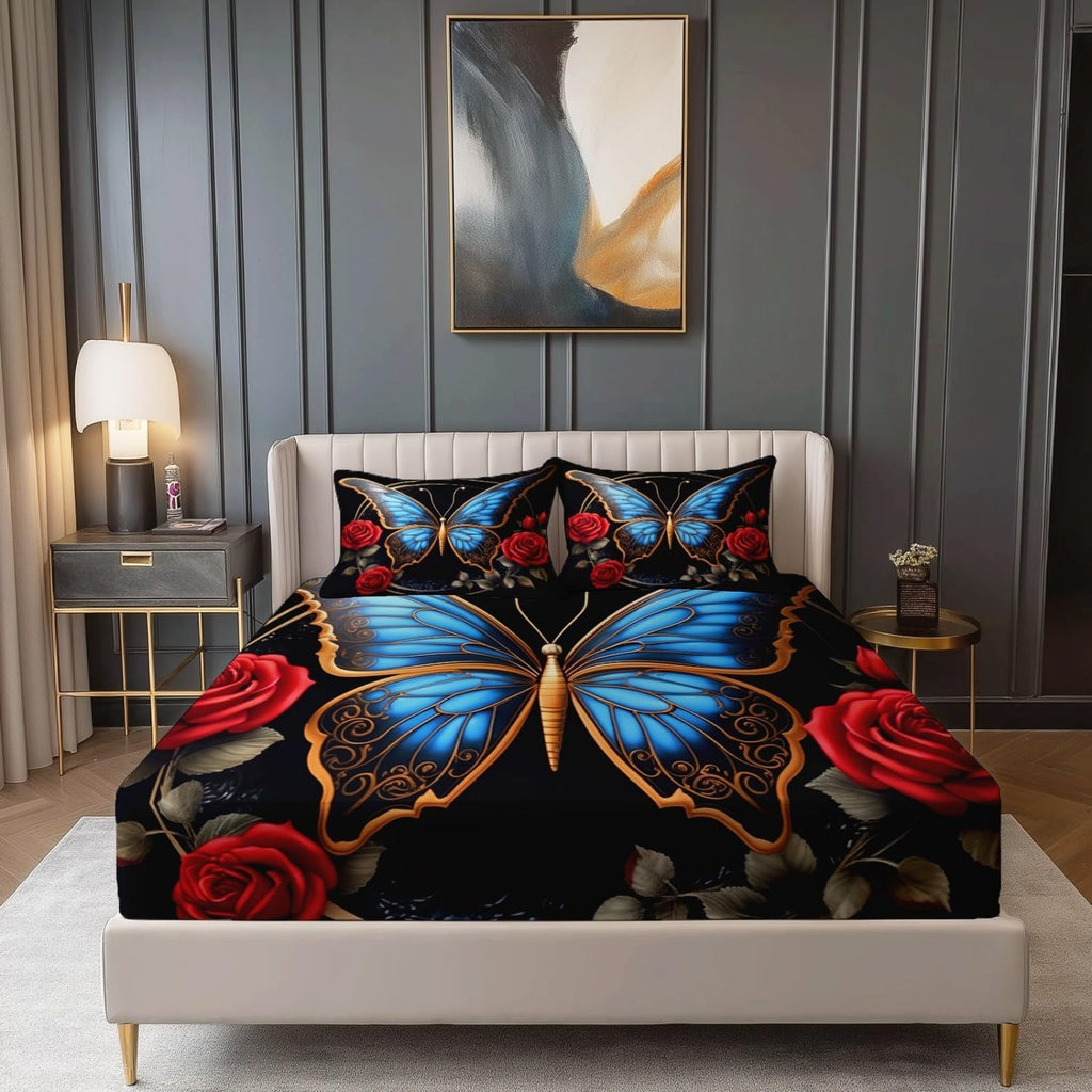 Queen Size Fitted Sheet Blue Red Breathable Brushed Microfiber Deep Pocket Fitted Sheet, Retro Plants Flowers Butterflies Pattern Soft Bed Sheets Set Shrinkage Fade Resistant