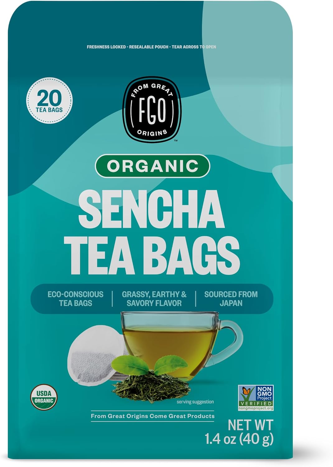 FGO Organic Japanese Sencha Green Tea, 20 Count, Eco-Conscious Tea Bags, Resealable Bag, Packaging May Vary (Pack of 1)