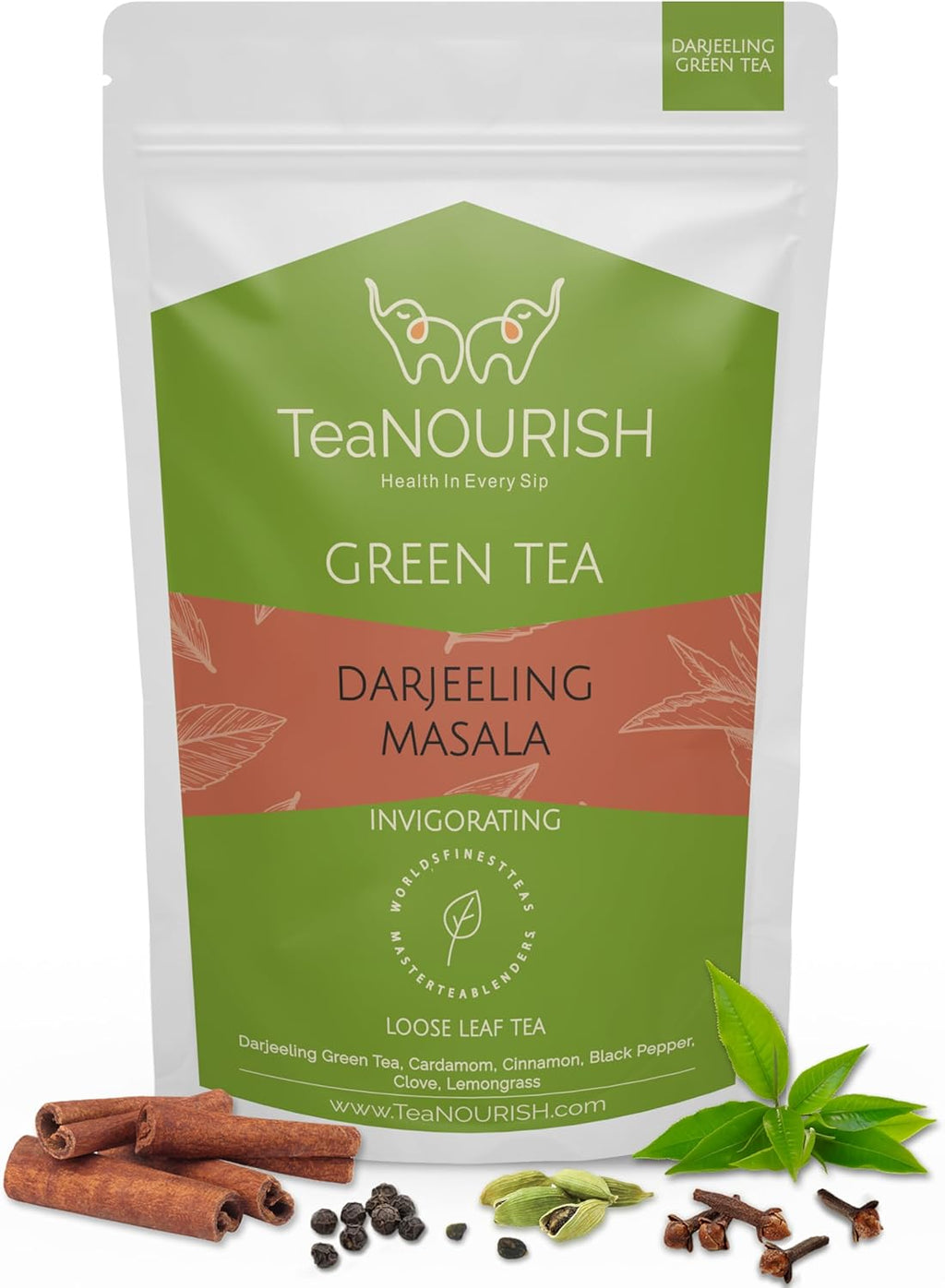 TeaNOURISH Darjeeling Masala Green Tea | Loose Leaves | Blended with Cardamom, Cinnamon, Black Pepper & Clove | 100% NATURAL | 50 Cups Hot or Iced Tea - 3.53oz/100g