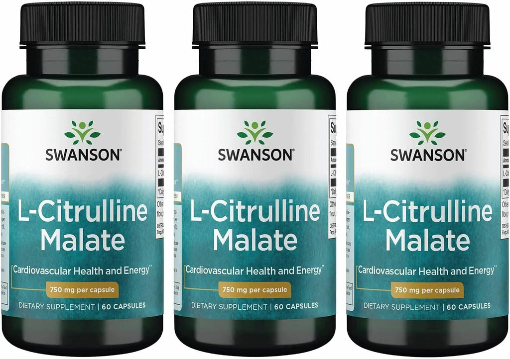 Swanson L-Citrulline Malate - Amino Acid Supplement Promoting Energy Production & Healthy Blood Circulation - Natural Formula Supporting Overall Wellness - (60 Capsules, 750mg Each) (3 Pack)