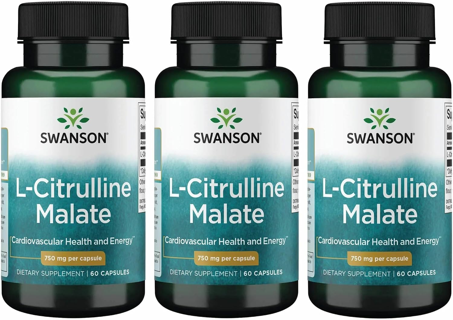 Swanson L-Citrulline Malate - Amino Acid Supplement Promoting Energy Production & Healthy Blood Circulation - Natural Formula Supporting Overall Wellness - (60 Capsules, 750mg Each) (3 Pack)