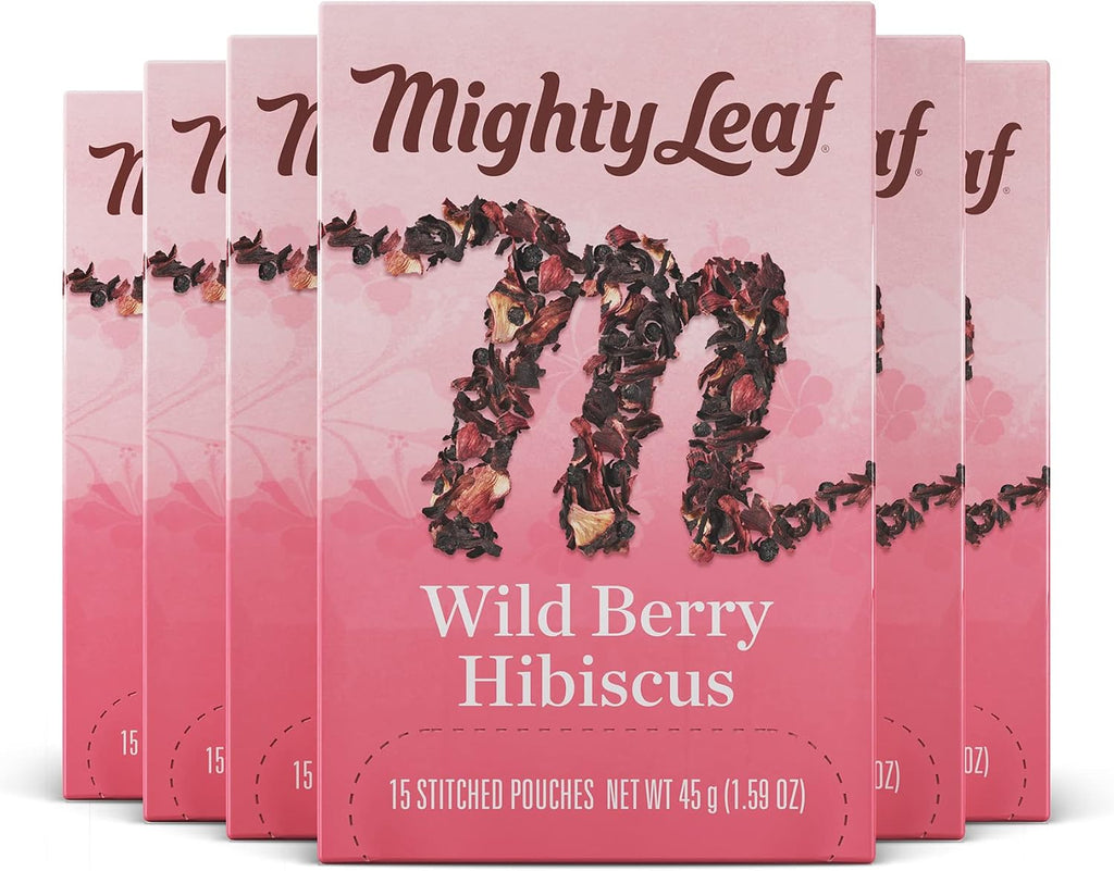 Mighty Leaf Wild Berry Hibiscus Herbal Tea Bags, Caffeine-Free, Elderberry, Blueberry, and Strawberry Flavors, 90 Count (6 Boxes of 15 Bags)