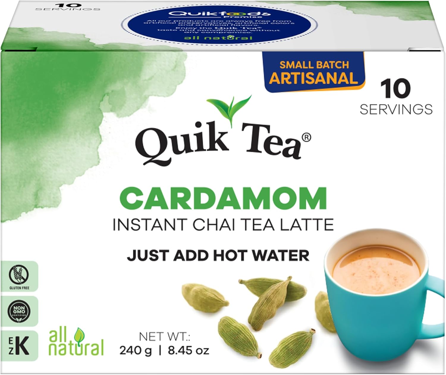 QuikTea Cardamom Instant Chai Tea Latte - 10 Count Single Box - Superfood Antioxidant, Digestion Tea