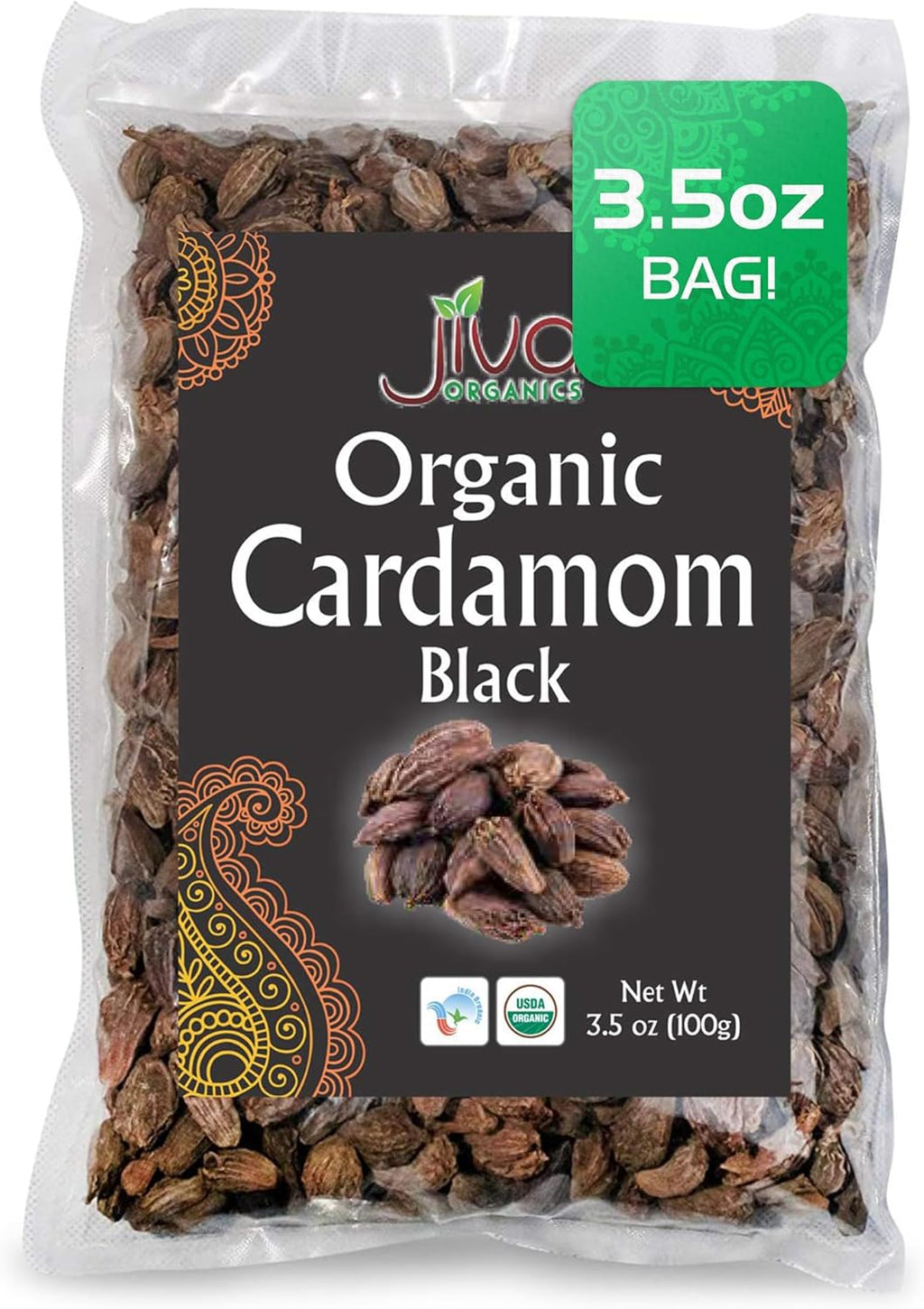 Jiva Organics Organic Black Cardamom 3.5 Ounce Bag - Indian Badi Kali Elaichi - Non-GMO