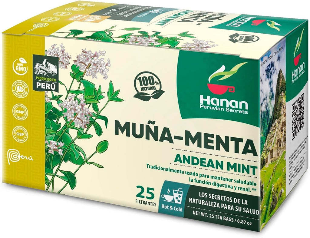 Hanan Peruvian Secrets Muna Herbal Tea | 100% Natural Andean Mint Leaves | 25 Tea Bags | Naturally Supports Healthy Digestion and Kidney Function - 6 Pack