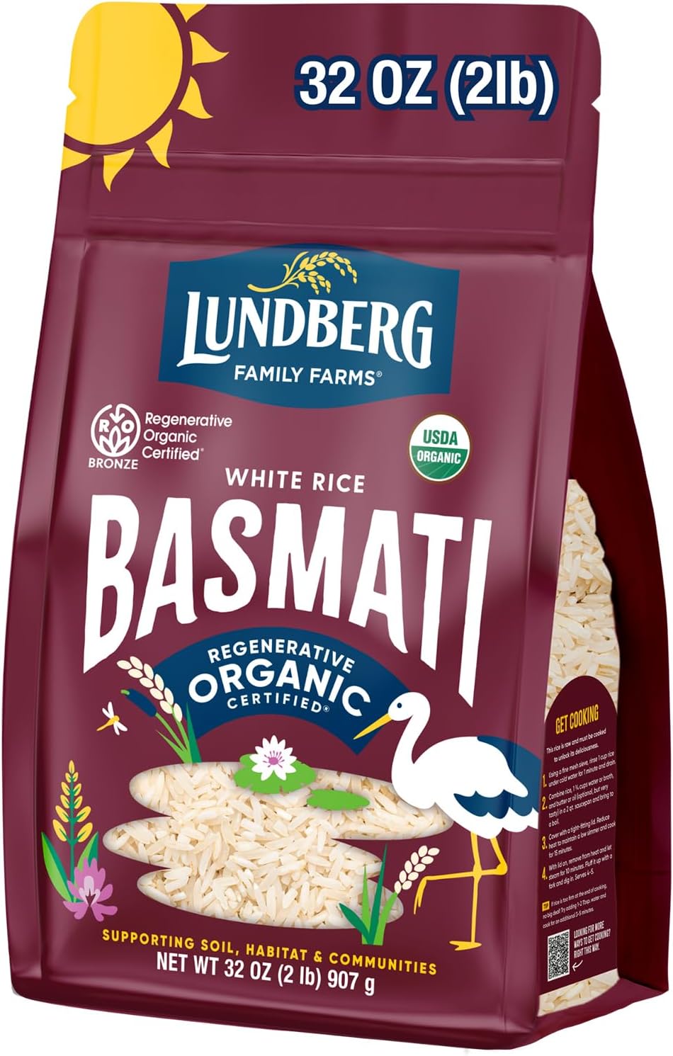 Lundberg White Basmati Rice, Regenerative Organic Certified – Non-Sticky, Fluffy & Aromatic Long-Grain Rice, Responsibly Grown in California, 32 Oz