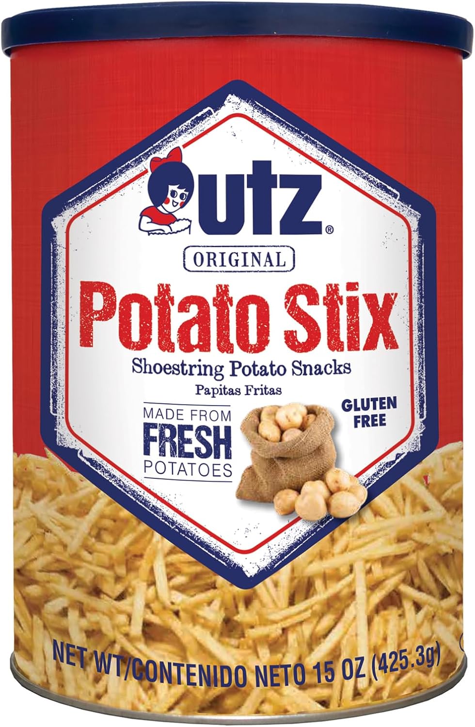 Utz Potato Stix, Original – 15 Oz. Canister – Shoestring Potato Sticks Made from Fresh Potatoes, Crispy, Crunchy Snacks in Resealable Container, Cholesterol Free, Trans-Fat Free, Gluten-Free Snacks