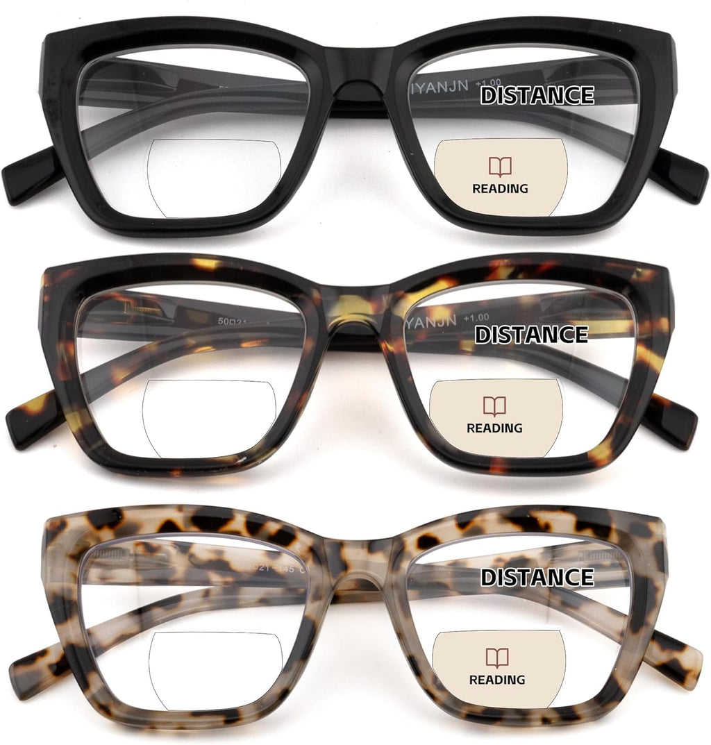 HIYANJN Bifocal Reading Glasses For Women Men 3 Pack Fashion Cat Eye Computer Readers Clear Top Oversized Eyeglasses