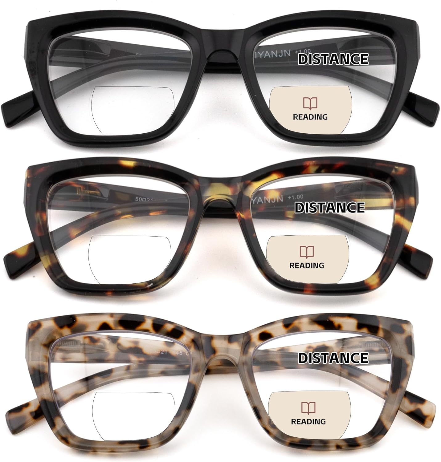 HIYANJN Bifocal Reading Glasses For Women Men 3 Pack Fashion Cat Eye Computer Readers Clear Top Oversized Eyeglasses