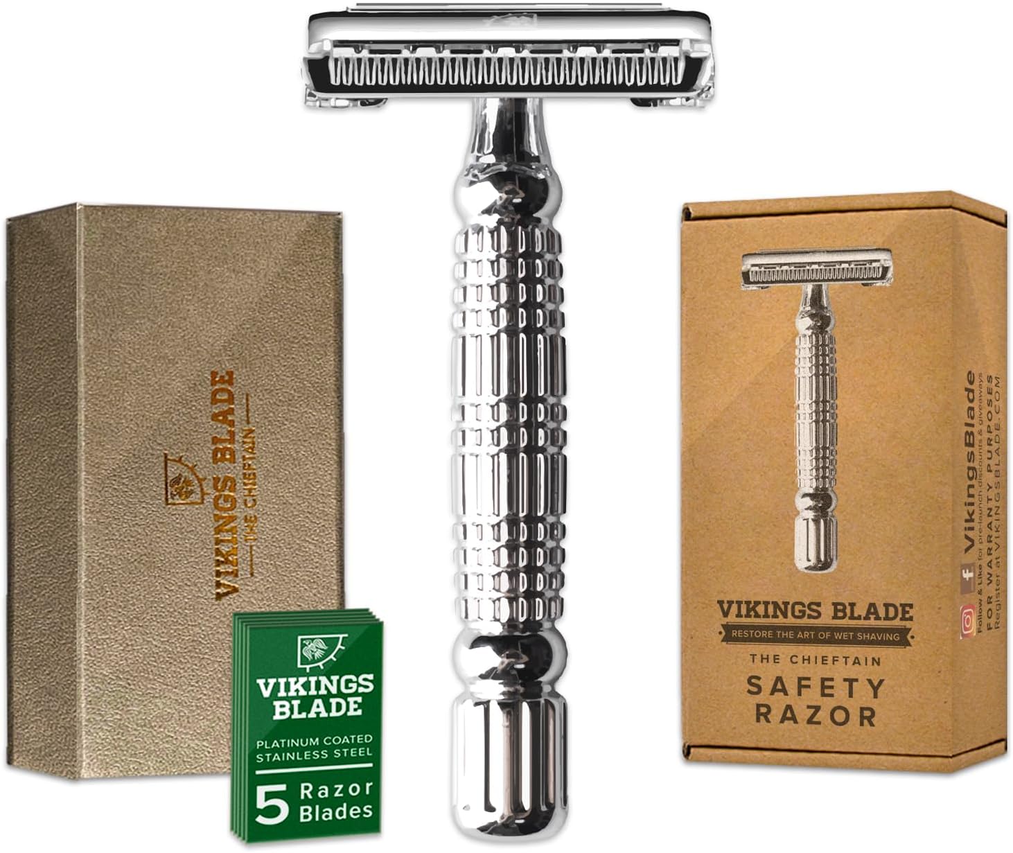 VIKINGS BLADE Double Edge Safety Razor for Men + 5 Swedish Steel Blades + Luxury Case. Smooth, Reusable, Eco-Friendly (The Chieftain)