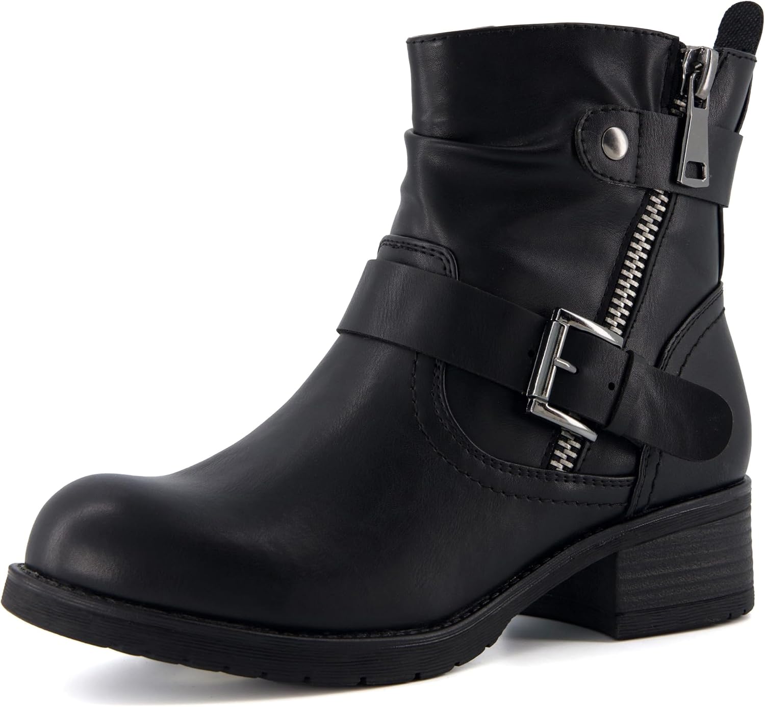 Dunes Max Motorcycle Womens Ankle Boots – Comfortable Booties for Women with Zipper & Buckle, Combat Boots Style, Memory Foam, Wide Width Options