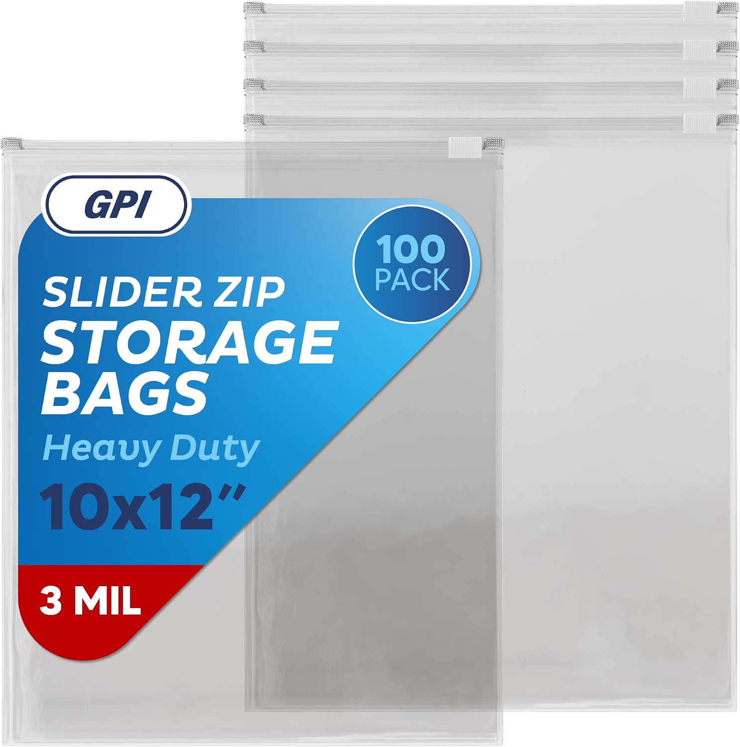 100 Count - Slider Zip 1 Gallon Food Storage Bags, 10" x 12" 3 Mil Heavy Duty, Large, Strong & Durable For Freezer Storage. GPI