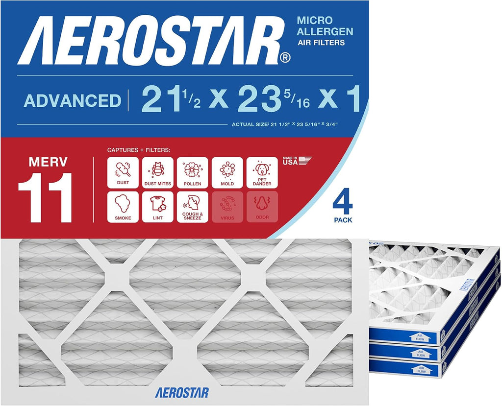 Aerostar 21 1/2x23 5/16x1 MERV 11 Pleated Air Filter, AC Furnace Air Filter, 4 Pack (Actual Size: 21 1/2" x 23 5/16" x 3/4")