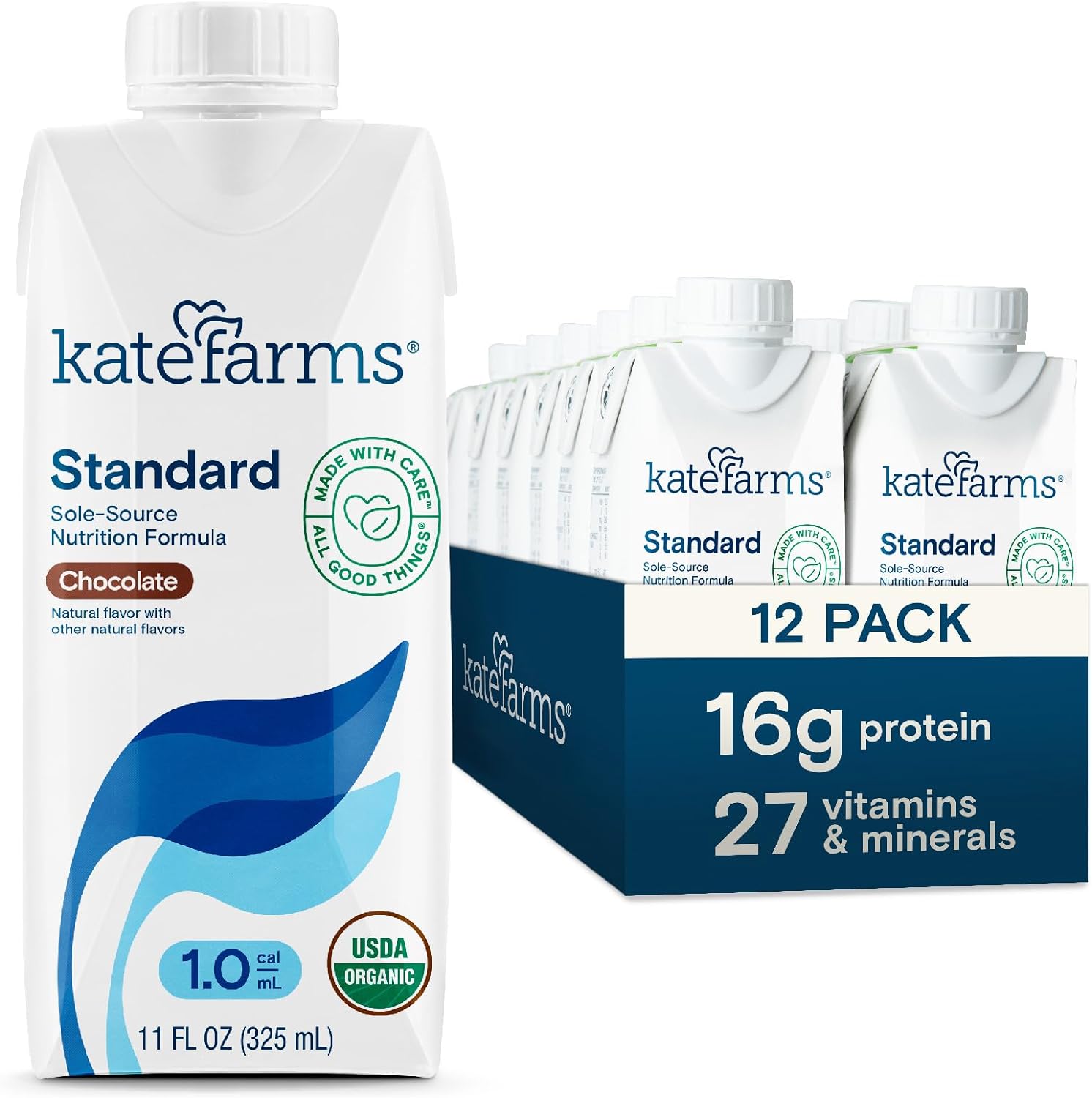KATE FARMS Organic1.0 Chocolate Nutrition Shake, 16g Protein, 27 Vitamins and Minerals, Meal Replacement 11 oz (12 Pack)