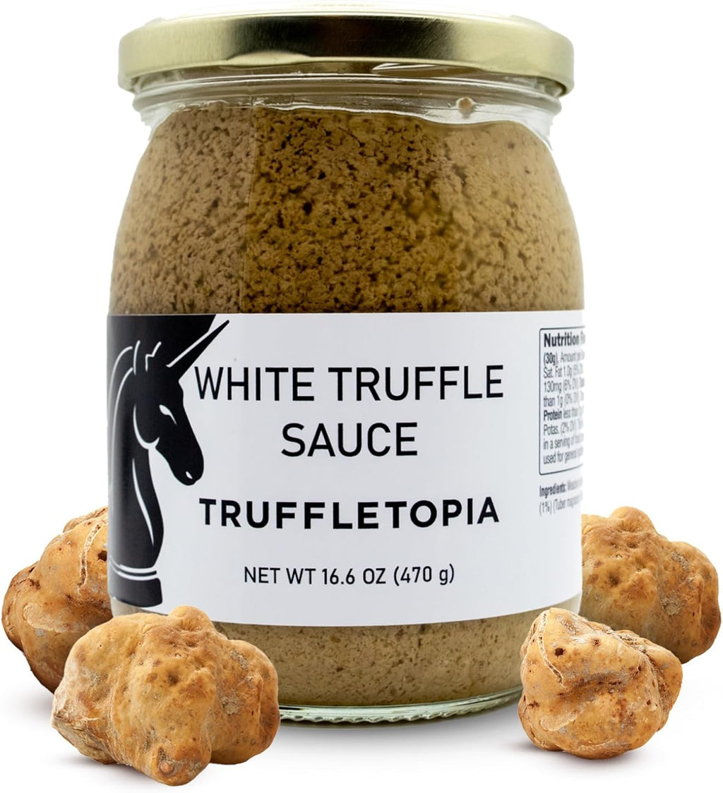 Truffletopia I White Truffle Sauce I Made with Real White Truffles from Italy I Most Versatile Topping or Condiment, for Seasoning, Cooking & Baking I Gluten Free, Non-GMO, No MSG, Cholesterol Free, Sugar Free I 16.6 oz