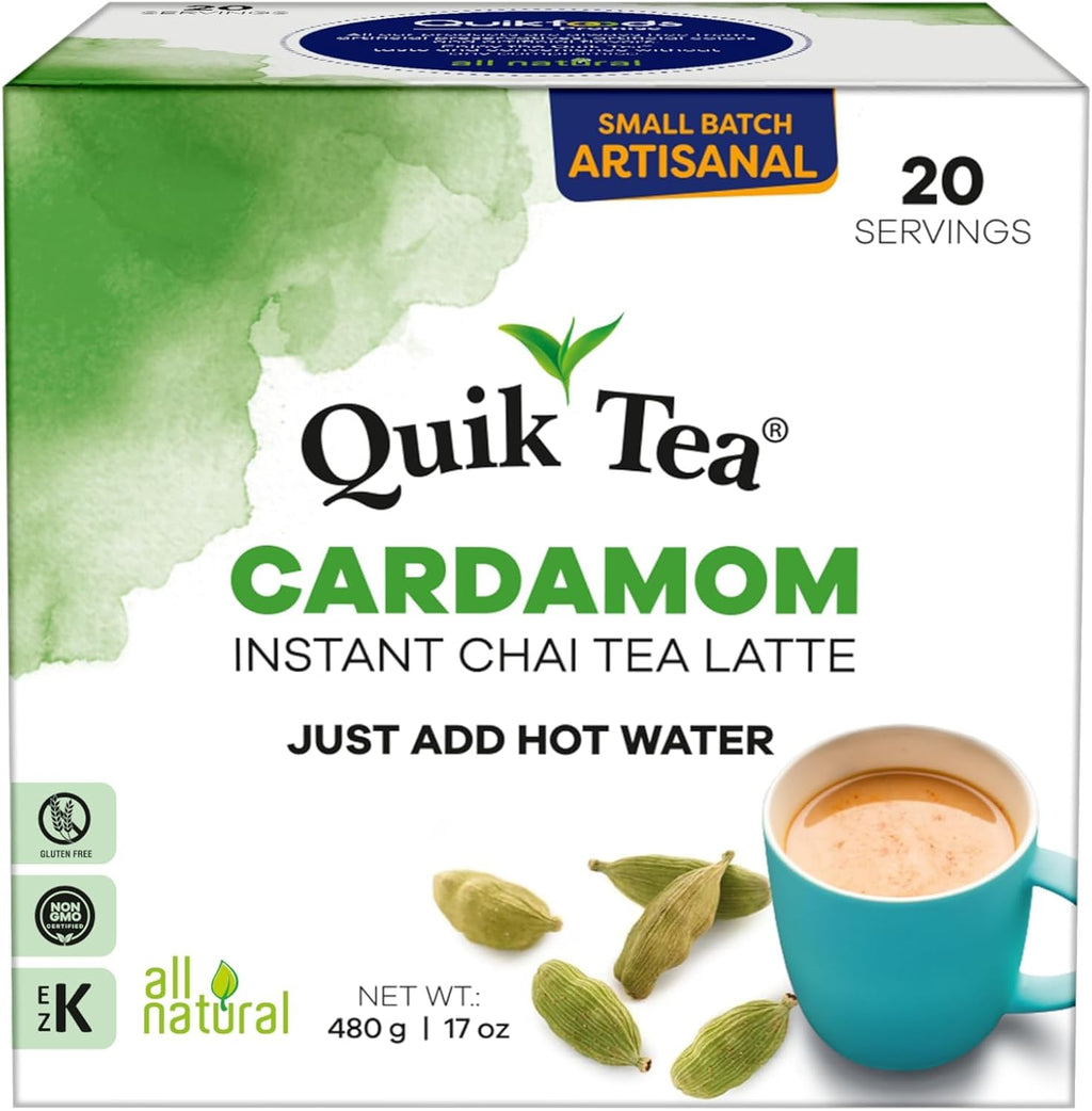 QuikTea Cardamom Chai Tea Latte – 20 Count, Bold Cardamom Flavor, No Preservatives – Just Add Hot Water