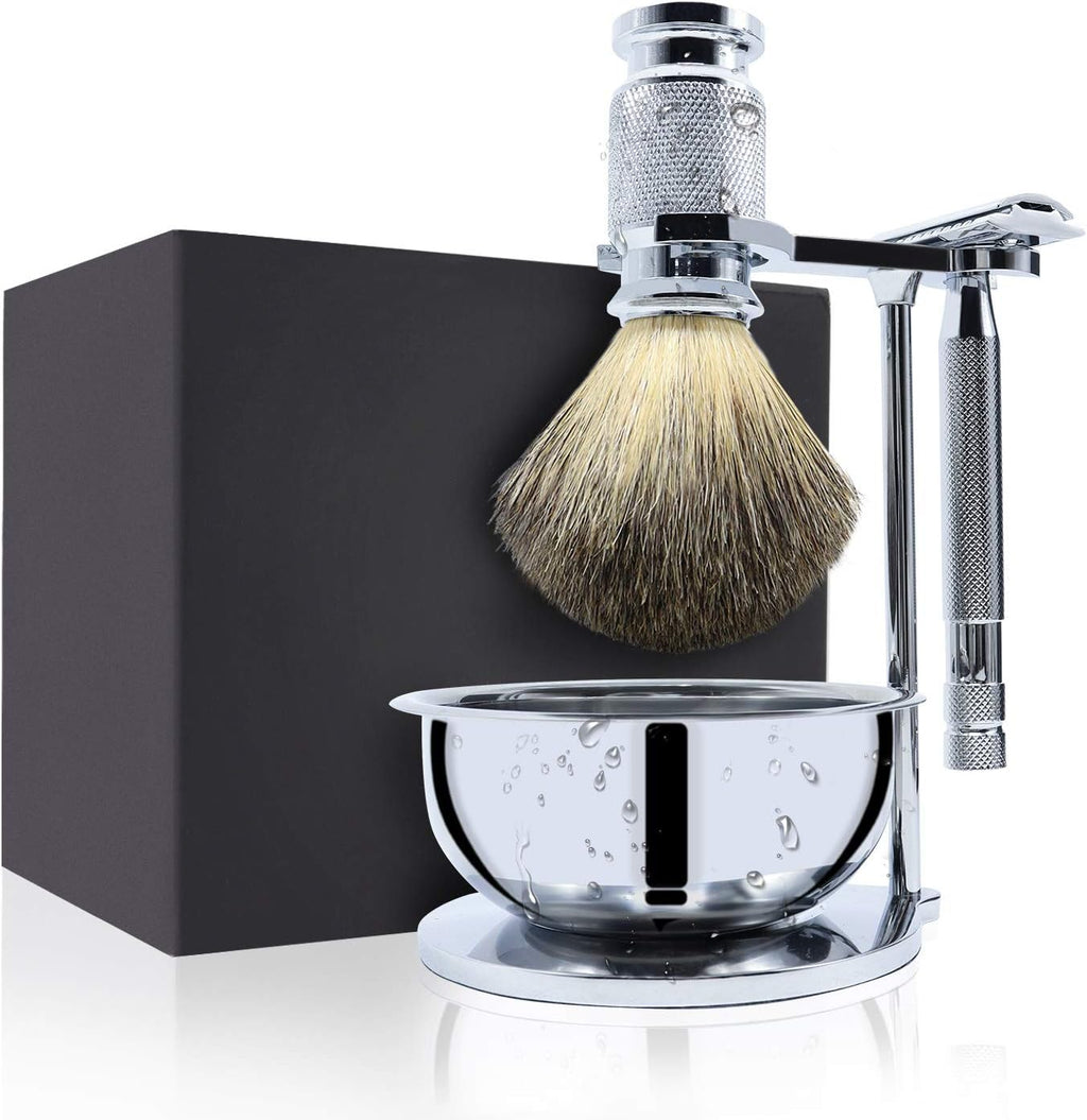 Jolitac Wet Shaving Kit For Men - Badger Hair Shaving Brush, Stainless Steel Bowl Mug, Double Edge Safety Razor, Men's Safety Razor Grooming Gift Set (Silver)
