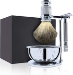 Jolitac Wet Shaving Kit For Men - Badger Hair Shaving Brush, Stainless Steel Bowl Mug, Double Edge Safety Razor, Men's Safety Razor Grooming Gift Set (Silver)